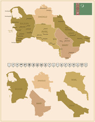 Turkmenistan - detailed map of the country in brown colors, divided into regions.