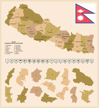 Nepal - Detailed Map Of The Country In Brown Colors, Divided Into Regions.