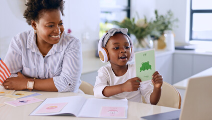 Canvas Print - Animal, mom or child learning on laptop for kindergarten busy with homework or school project at home. Geometric, card or happy mother by a creative girl listening or helping a for development