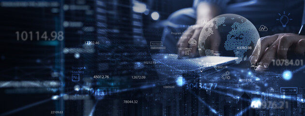 data science, digital technology, internet global network concept. computer programmer using digital