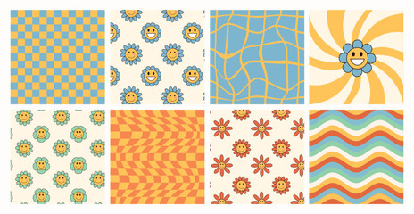 Set of groovy trendy retro backgrounds with flowers, chessboard, waves and sun. Groovy posters 70s, 80s. Retro poster. Botanical elements, vintage print. Colorful retro background.