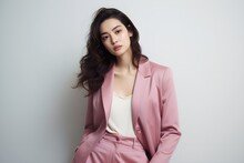 Portrait Of A Beautiful Japanese Business Woman Posing In A Pink Suit. Generative AI.