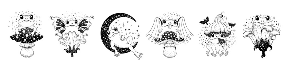 tattoo graphics with cute frogs on mushroom, flower and moon. vintage drawings of toads and frogs wi