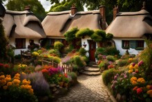 A Cluster Of Thatched-roof Cottages In The Heart Of The Village, Each With Its Own Vibrant Garden And Welcoming Front Porch.