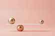 Small and big golden spheres balancing on minimalist style geometric scales against pastel pink background. Minimal Elegant illustration with copy space. Concept of harmony and balance. 3D rendering.