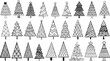 27 Christmas trees for coloring, engraving, t shirt design, laser cut and so on. Vector illustration.