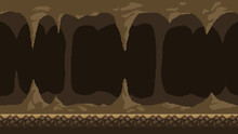Pixel Art Game Background, Underground Cave With Stalactites And Stalagmites. Vector 8-bit Retro Video Game Seamless Cavern Background.