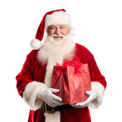 Wall Mural - Santa Claus hand holding red sack of gifts isolated on transparent background.