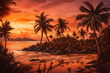 Wall Mural - A remote island with palm trees, the evening sky painted in warm hues, creating a tropical paradise