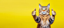 Portrait Of A Beautiful Happy Cat Holding Two Thumbs Up As A Sign Of Excellent Work Or Pointing A Finger At The Camera On An Isolated Yellow Banner Background. Generative AI.