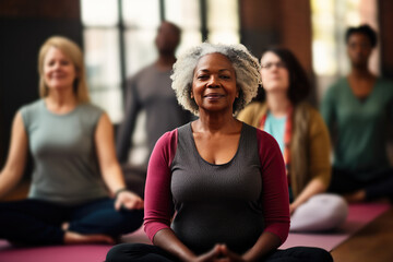 Diverse Senior Women Meditating Together In Yoga Class