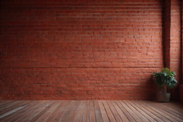  Interior background of room with brick wall and wooden floor