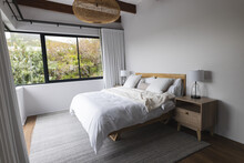 Big Empty Bedroom With White Bed, Wooden Cabinet And Big Windows