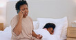 © Charlize D/peopleimages.com - Sick, child and mom with worry and phone call to doctor with thermometer and telehealth advice. Flu, virus and mother stress with healthcare, consultation or contact with pediatrician in home
