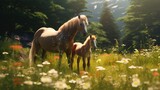 Fototapeta  - A mare and her foal graze together in a lush meadow, with wildflowers in abundance.
