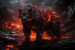  a black wolf in the middle of lava