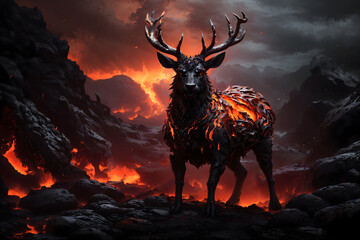 the deer standing in the middle of volcanoes and fire