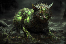 An Image Of A Green And Muddy Cat, In The Style Of Dark Fantasy Creatures