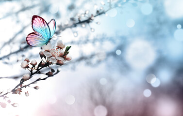 Wall Mural - blossom tree over nature background with butterfly. spring flowers. spring background