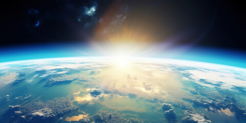 Wall Mural - panoramic view on planet earth globe from space with rising sun. glowing city lights, light clouds. 