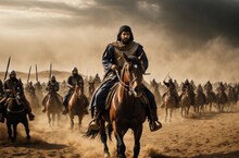 A Muslim Commander On Horseback, Brandishing A Raised Sword, Leads A Cavalry Charge With A Trailing Army Of Horsemen