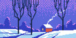 Winter scenery with cabin. Pixel art cartoon landscape with snowy frozen mountains, trees, cozy tiny house in frost forest. Vector background