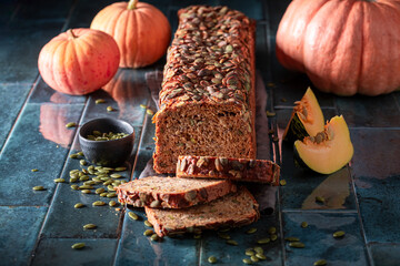 Wall Mural - Golden pumpkin bread as holiday bread for Halloween.