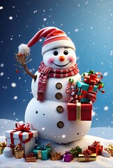 Wall Mural - Snowman with gifts in snow background, Christmas atmosphere,