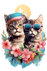 Watercolor illustration of two cats and flowers,T-Shirt design. Creative graphics design. 