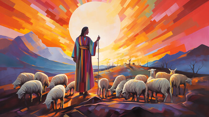 Wall Mural - A shepherd in the field looking at the sky. Nativity of Jesus. Christmas concept.