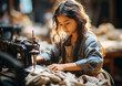 Little girl sewing clothes under bad working conditions in factory,child labor discriminnation.Macro.AI Generative.