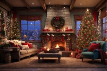 Living Room Decorated With Christmas Lights, Rustic Naturalism, Bright And Vivid Colors, Fanciful Elements, Whistling, Fireplace, Presents, Christmas Tree, Christmas Presents