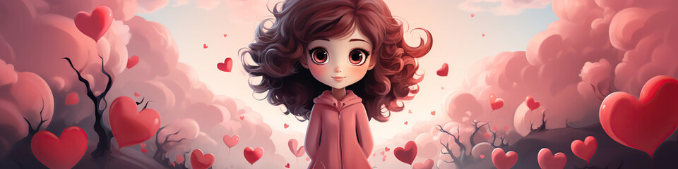 Wall Mural - happy cute cartoon character girl on pink festive background with hearts. Valentine's Day Greeting Card