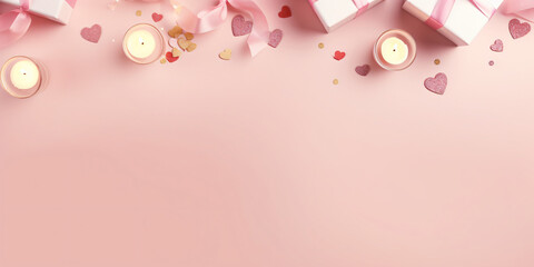 Wall Mural - Valentine's Day concept. Top view photo of gift boxes ribbon heart shaped candles and sprinkles on isolated light pink background with empty space