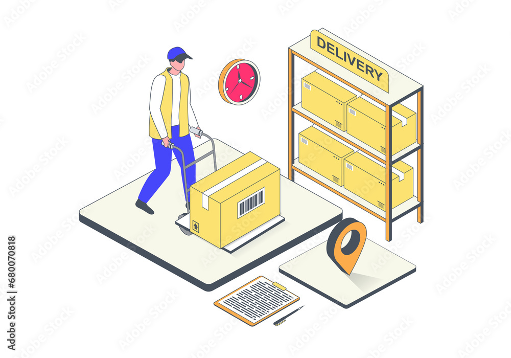 Delivery service concept in 3d isometric design. Man working in ...