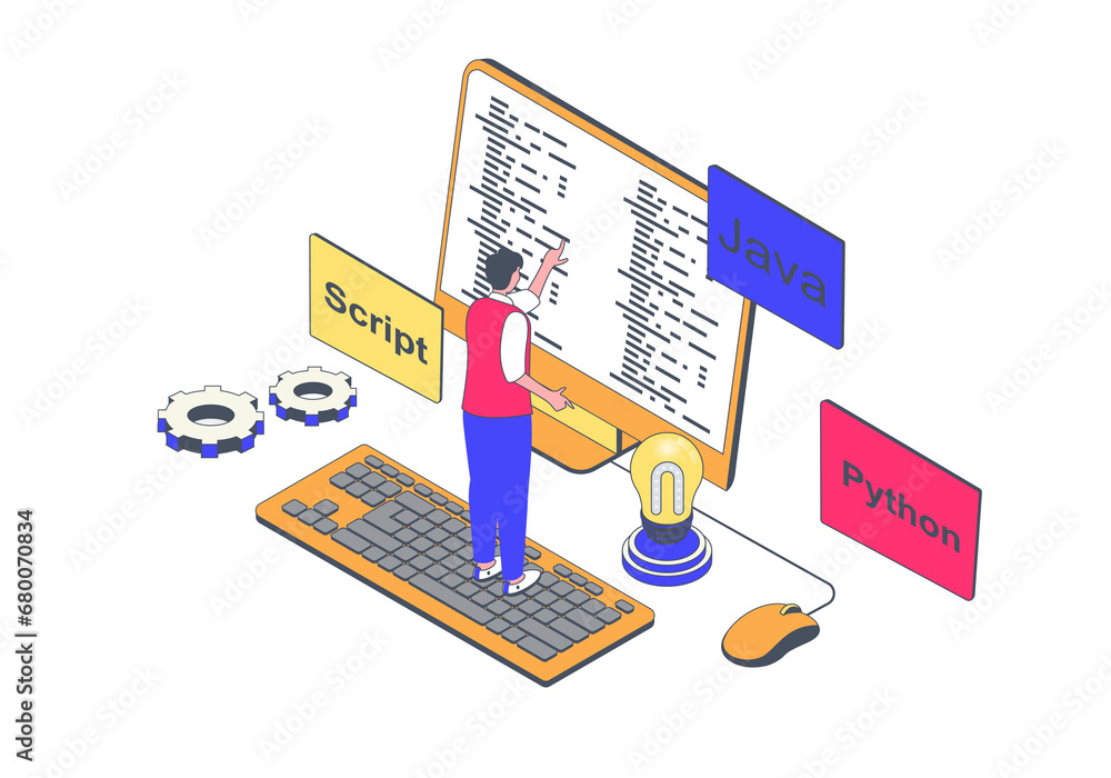 Programming concept in 3d isometric design. Man working with code, coding Python language, writes scripts, develops software and apps. Illustration with isometry people scene for web graphic.