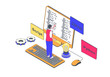 © alexdndz - Programming concept in 3d isometric design. Man working with code, coding Python language, writes scripts, develops software and apps. Illustration with isometry people scene for web graphic.