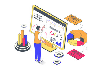 Wall Mural - data analysis concept in 3d isometric design. man making statistics research, works with graph and c