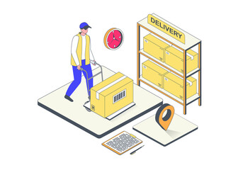 Leinwandbilder - Delivery service concept in 3d isometric design. Man working in logistic company, loading parcel boxes at storage shelves in warehouse. Illustration with isometry people scene for web graphic.