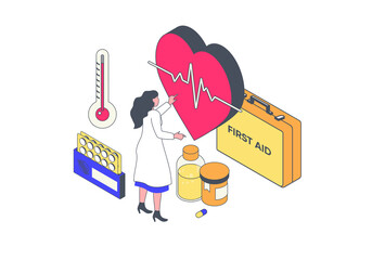 Poster - Medicine concept in 3d isometric design. Woman works as cardiologist, examining heart and heartbeat, diagnosing and prescribing pills. Illustration with isometry people scene for web graphic.