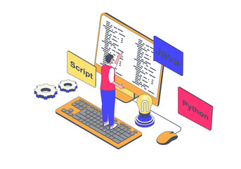 Fototapete - Programming concept in 3d isometric design. Man working with code, coding Python language, writes scripts, develops software and apps. Illustration with isometry people scene for web graphic.