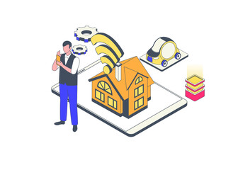 Aufkleber - Smart home concept in 3d isometric design. Man monitoring house system automatization performances, managing from mobile app with wifi. Illustration with isometry people scene for web graphic.
