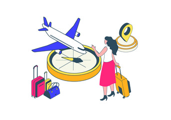 Poster - Travel vacation concept in 3d isometric design. Woman with suitcase planning weekend, booking airlines ticket and flying to resort tour. Illustration with isometry people scene for web graphic.