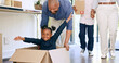 Black family, new home and push in box, smile and together in apartment or house. Girl, father and kid play in cardboard game, happy and real estate loan, moving and celebrate mortgage in property
