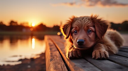 Canvas Print - A Content Mixed-Breed Dog Resting By A Lakeside  , Background For Banner, HD