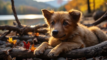 Canvas Print - A Content Mixed-Breed Dog Resting By A Lakeside  , Background For Banner, HD