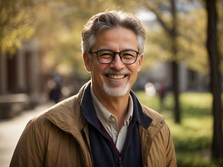 Wall Mural - A joyful portrait of a confident, laughing middle-aged university professor expressing positivity, gratitude, and joy while outdoors. 