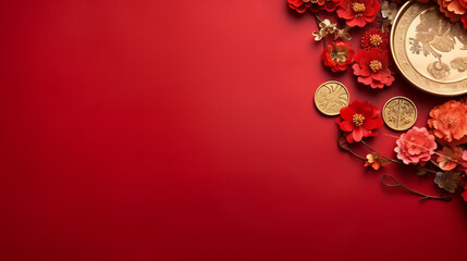 Background with copy space with chinese new year theme with red colors and flowers