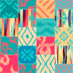 Leinwandbilder - Quilting design patchwork pattern in traditional ikat style. Vector pattern.