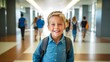 © Valua Vitaly - Happy boy walking in a crowded school corridor with a backpack. Cheerful kid walking around the school on recess in the middle of a school day. Smiling scholar in a busy academy corridor.